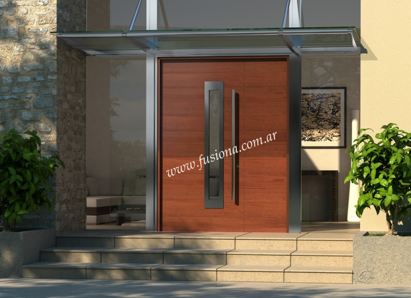 M027 puerta y media de entrada de madera con ventanita vertical y acero